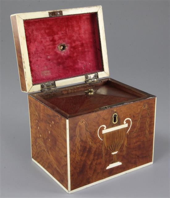 A Regency satinwood, marquetry and ivory inlaid tea caddy, width 5in.